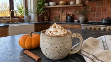 Handmade stoneware mug of pumpkin spice hot chocolate topped with whipped cream and cinnamon on a kitchen counter