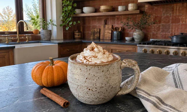 Handmade stoneware mug of pumpkin spice hot chocolate topped with whipped cream and cinnamon on a kitchen counter