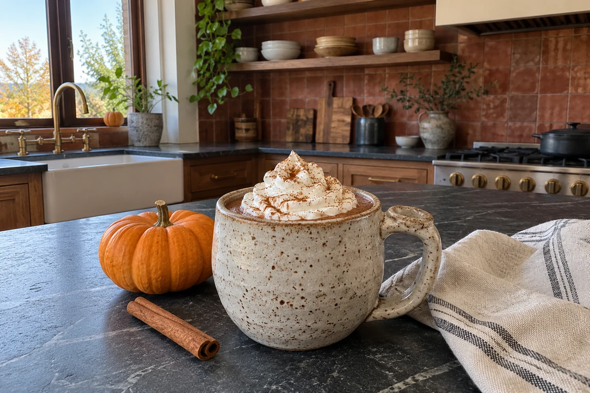 Handmade stoneware mug of pumpkin spice hot chocolate topped with whipped cream and cinnamon on a kitchen counter
