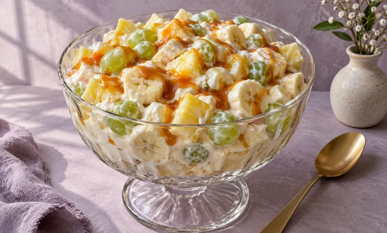 Creamy caramel fruit salad with bananas, pineapple and green grapes in a footed glass bowl with a caramel drizzle on a lavender plaster backdrop