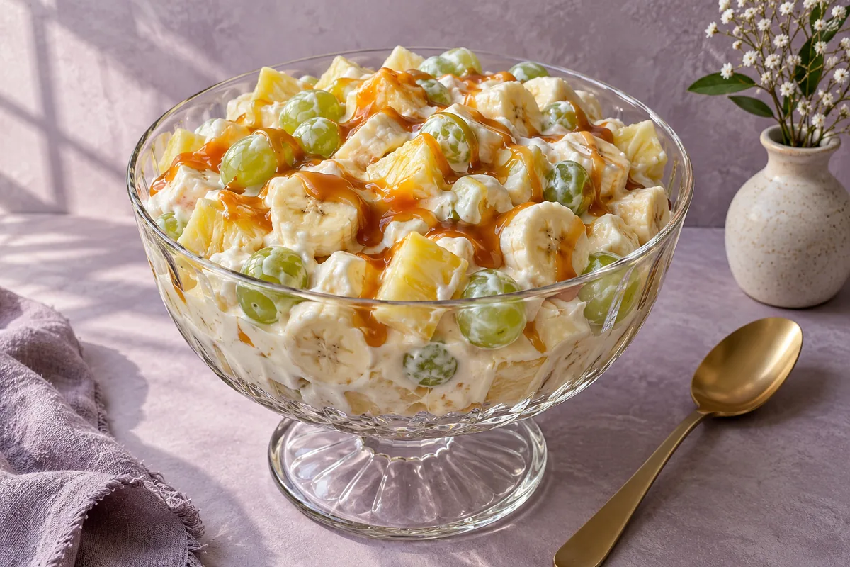 Creamy caramel fruit salad with bananas, pineapple and green grapes in a footed glass bowl with a caramel drizzle on a lavender plaster backdrop