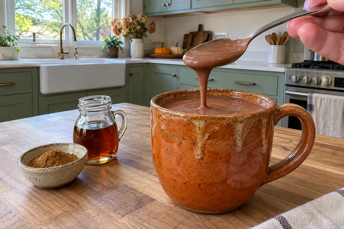 Spoon lifting creamy pumpkin spice hot chocolate from a ceramic mug showing its thick velvety texture
