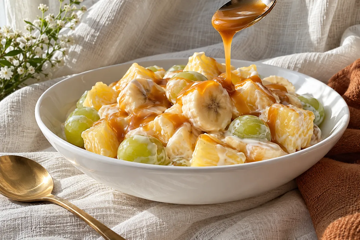 Caramel sauce drizzled over creamy caramel fruit salad in a white ceramic bowl on pleated ivory linen