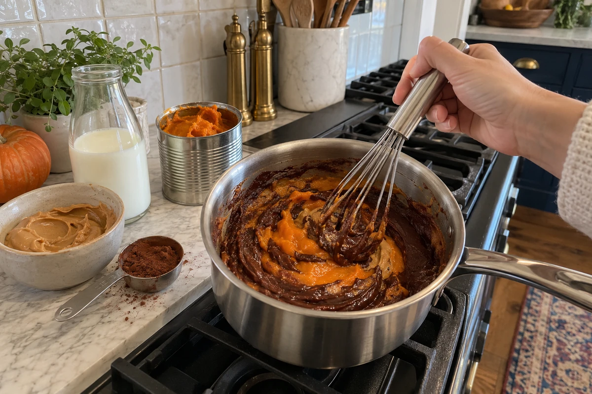 Whisking pumpkin puree, cocoa and milk in a small saucepan to make pumpkin spice hot chocolate