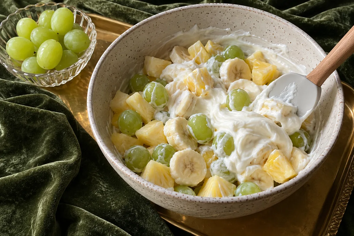 Folding vanilla yogurt and whipped topping into bananas, pineapple and grapes in a ceramic bowl on olive-green velvet