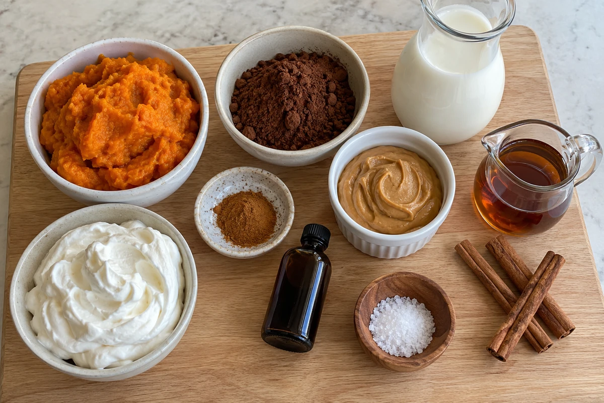 Overhead view of pumpkin spice hot chocolate ingredients with pumpkin puree, cocoa powder, peanut butter, maple syrup, milk and spices
