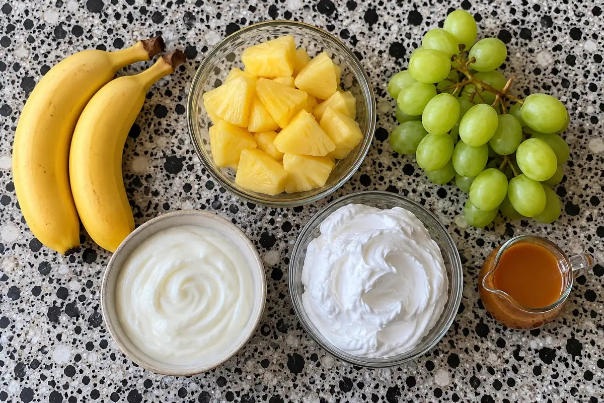 Ingredients for creamy caramel fruit salad: bananas, pineapple chunks, green grapes, vanilla Greek yogurt, whipped topping and caramel sauce on black and white speckled terrazzo