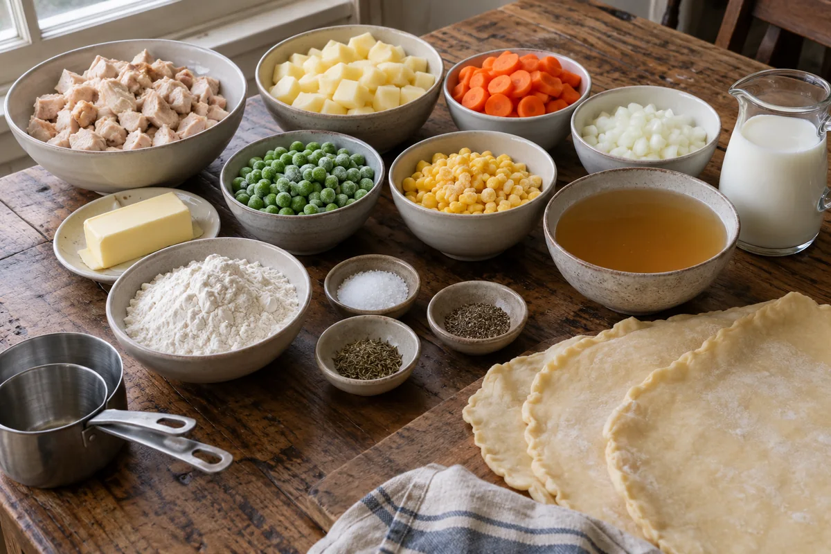 Ingredients for chicken potpie laid out in plain bowls: chicken, potatoes, carrots, onion, peas, corn, butter, flour, broth, milk and pie crust