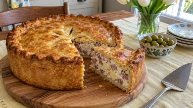 Golden Italian Easter pie with a crimped buttery crust and one slice cut on a wooden board