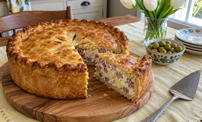 Golden Italian Easter pie with a crimped buttery crust and one slice cut on a wooden board