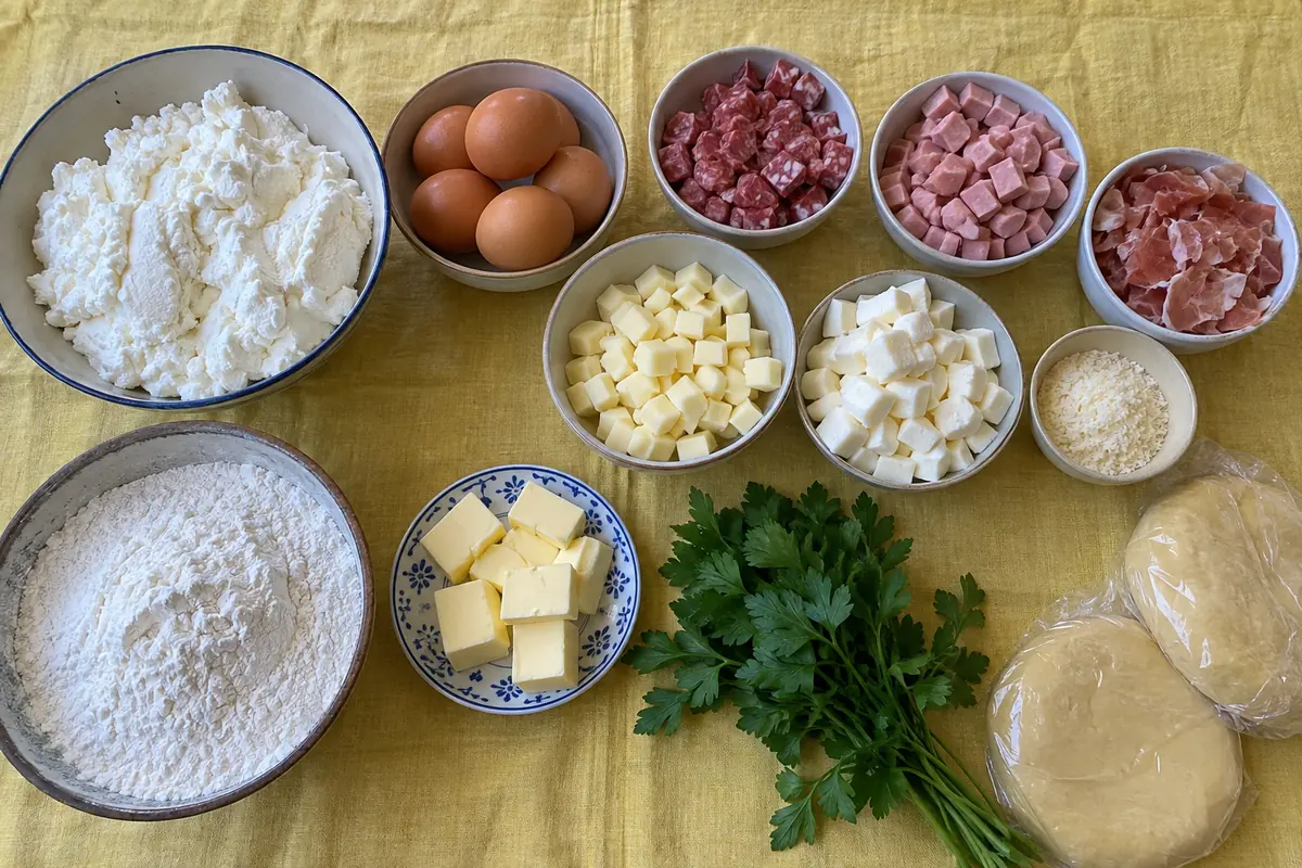 Ingredients for Italian Easter pie: ricotta, eggs, Italian cured meats, provolone, mozzarella, Pecorino and pie dough