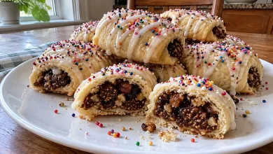 White plate piled with iced italian fig cookies with rainbow nonpareils, two cut open to show the dark fig and nut filling