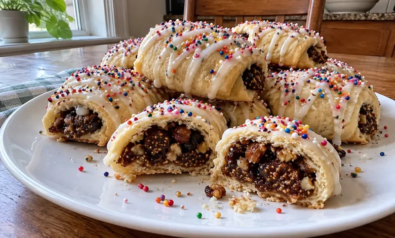White plate piled with iced italian fig cookies with rainbow nonpareils, two cut open to show the dark fig and nut filling