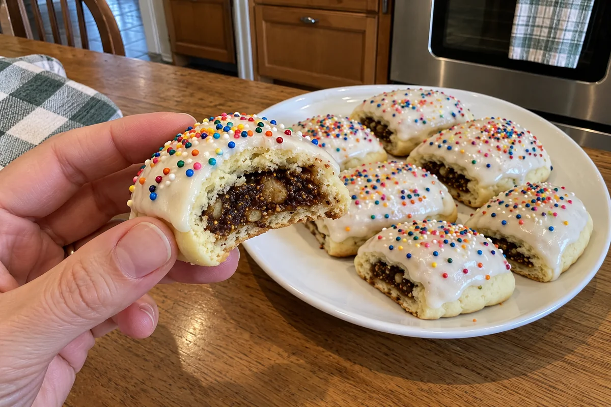 Hand holding a bitten italian fig cookie showing the fig filling, with a plate of cookies behind