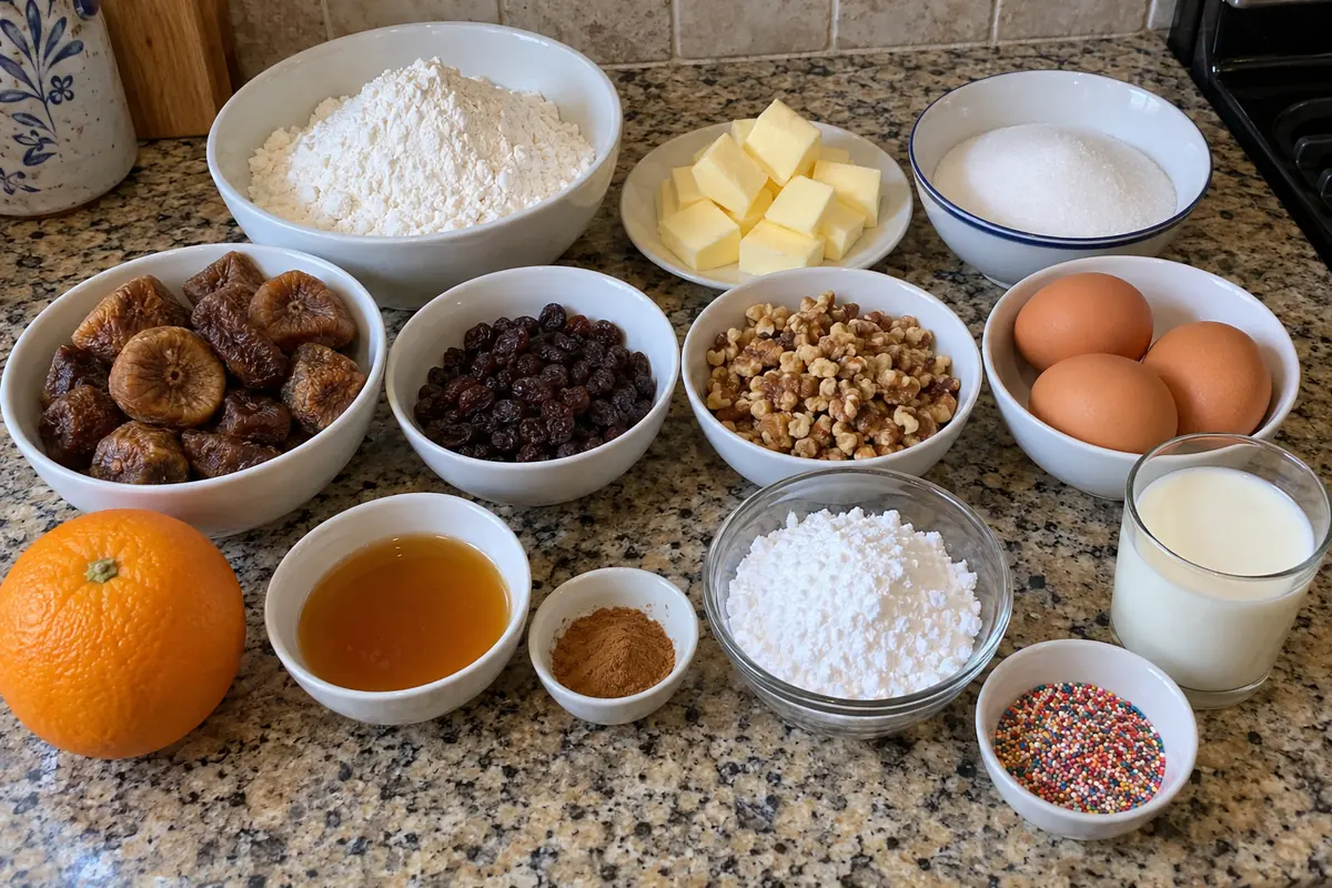Ingredients for italian fig cookies: flour, butter, sugar, eggs, dried figs, raisins, walnuts, orange, honey, cinnamon, powdered sugar, milk and sprinkles
