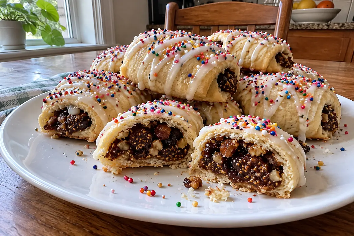 White plate piled with iced italian fig cookies with rainbow nonpareils, two cut open to show the dark fig and nut filling