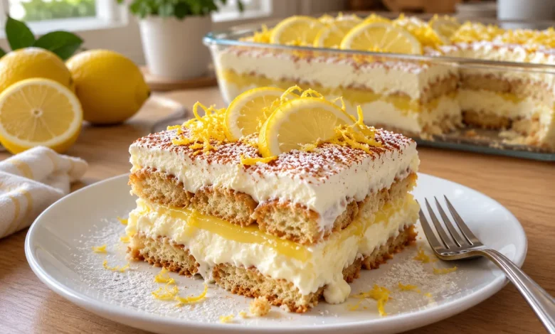 Italian lemon tiramisu square on a white plate with layers of sponge and lemon cream, topped with lemon half-slices and zest