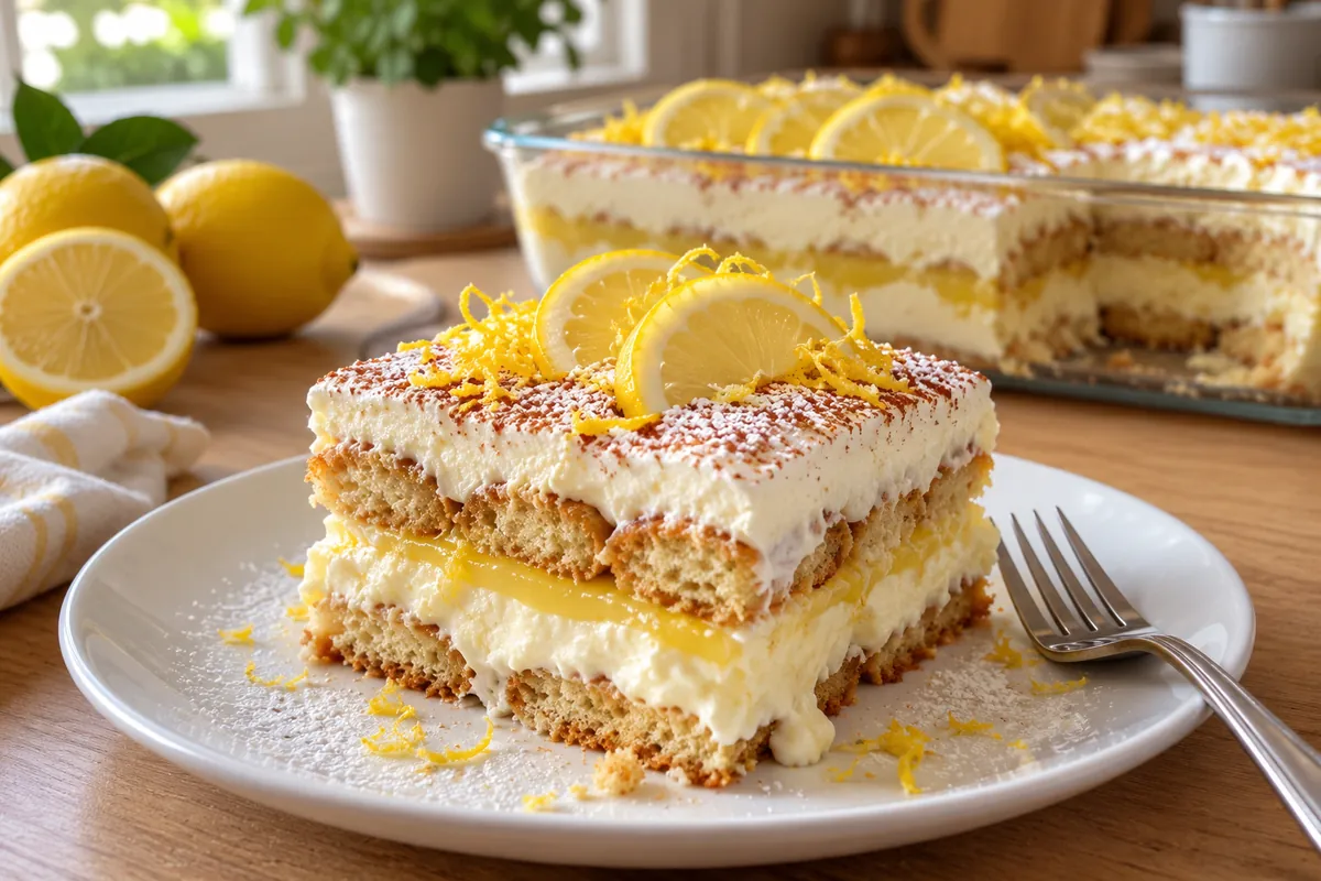 Italian lemon tiramisu square on a white plate with layers of sponge and lemon cream, topped with lemon half-slices and zest