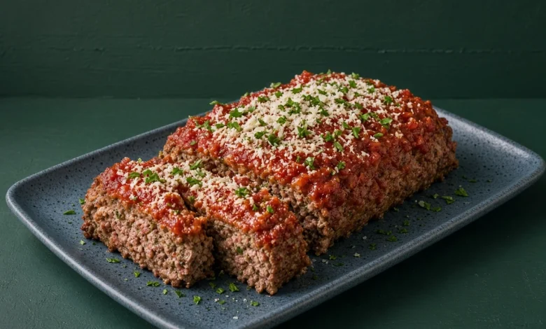 Italian meatloaf with tomato sauce, Parmesan and parsley sliced on a blue stoneware platter