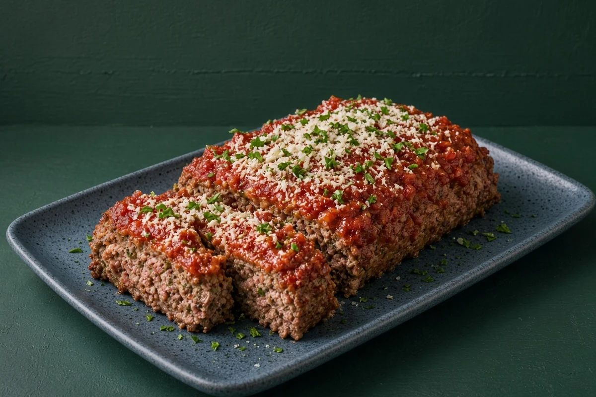 Italian meatloaf with tomato sauce, Parmesan and parsley sliced on a blue stoneware platter