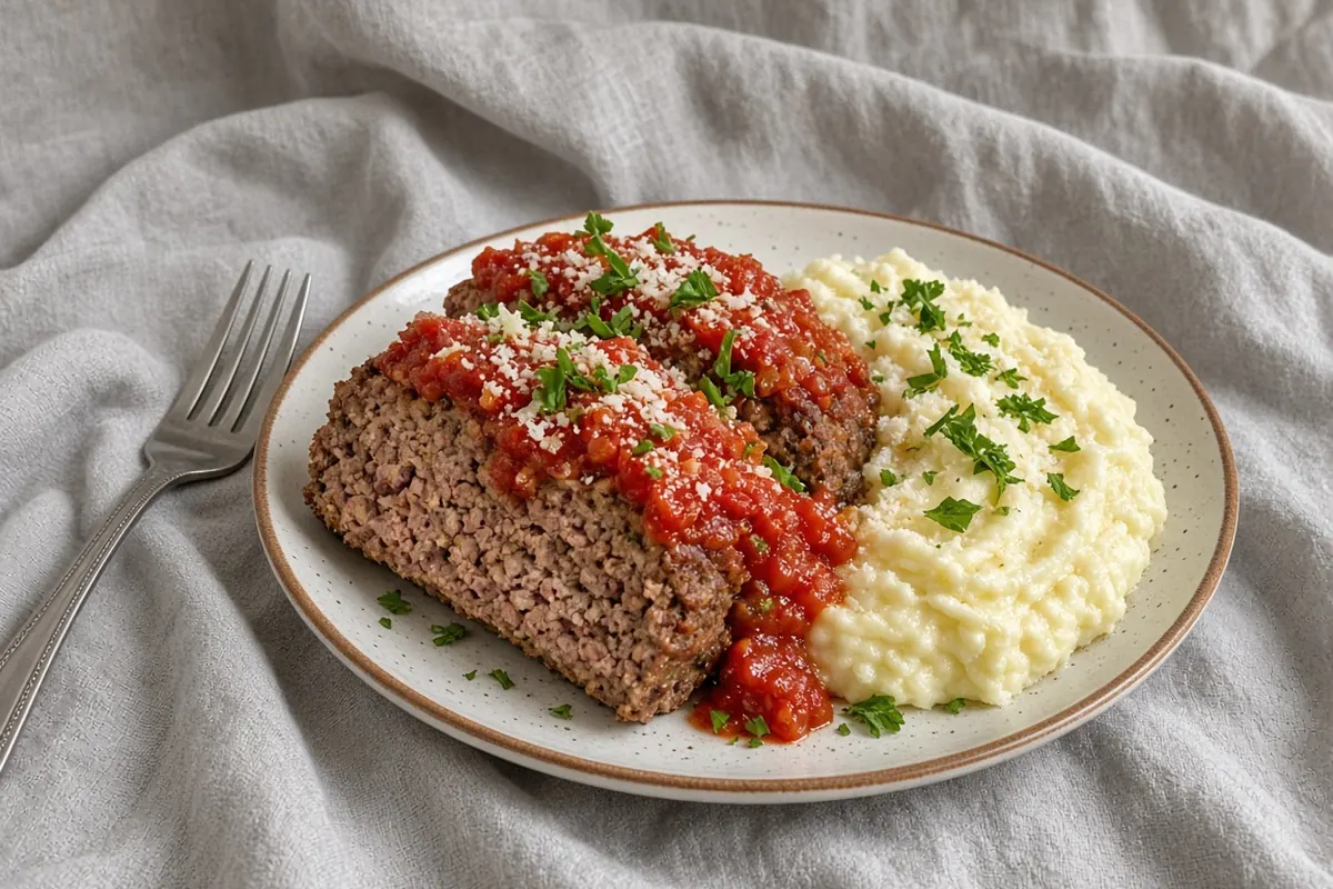 Two slices of Italian meatloaf with tomato sauce served with mashed potatoes