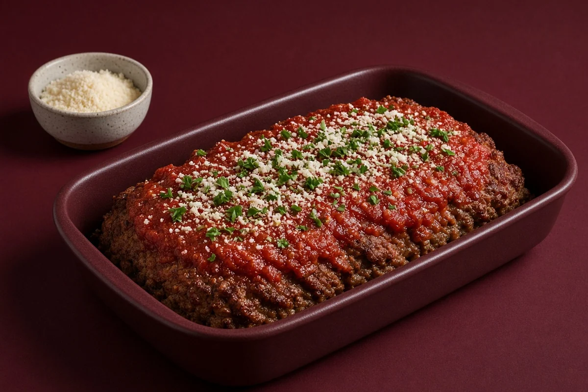 Baked Italian meatloaf topped with tomato sauce and Parmesan in a ceramic baking dish