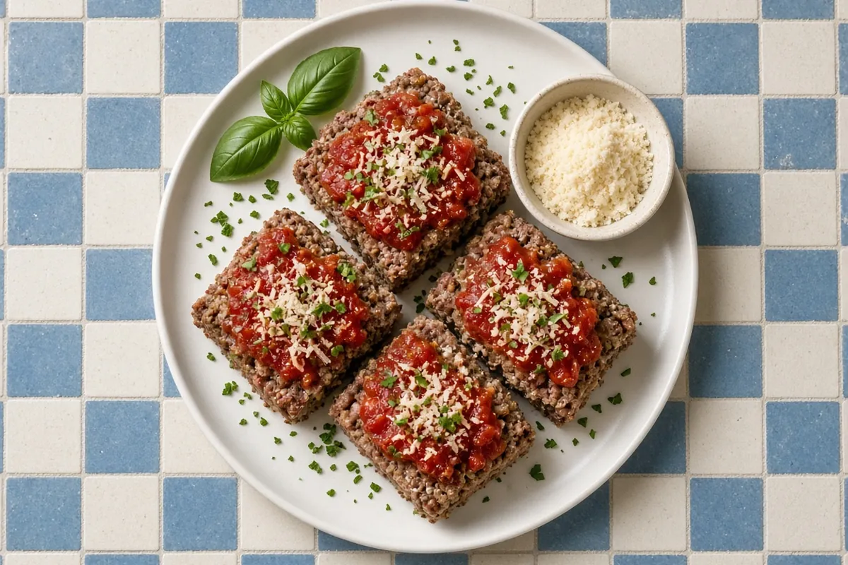 Overhead view of Italian meatloaf slices with tomato sauce, Parmesan and basil on a white plate