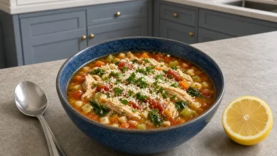 Italian penicillin soup in a blue bowl with a lemon half on a counter in a gray-blue and white kitchen