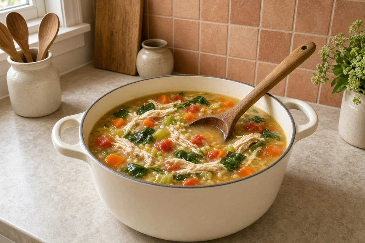 Cream dutch oven of Italian chicken soup with spinach and a wooden ladle by a terracotta tile backsplash