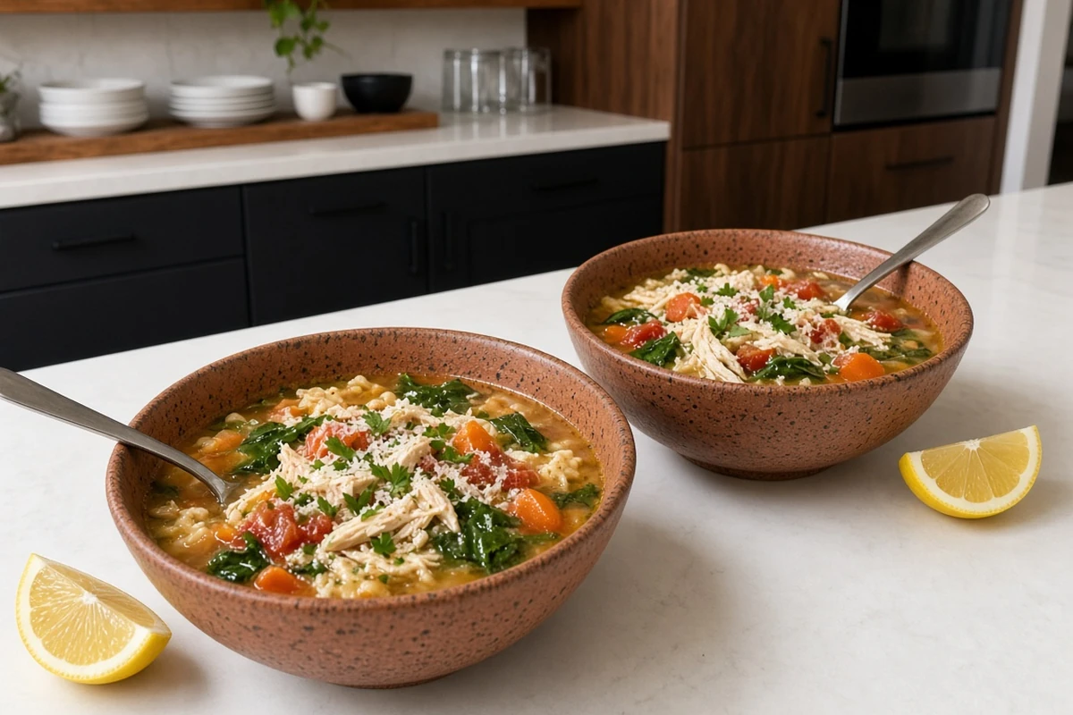 Two bowls of Italian penicillin soup with lemon wedges on a white island in a black and walnut kitchen