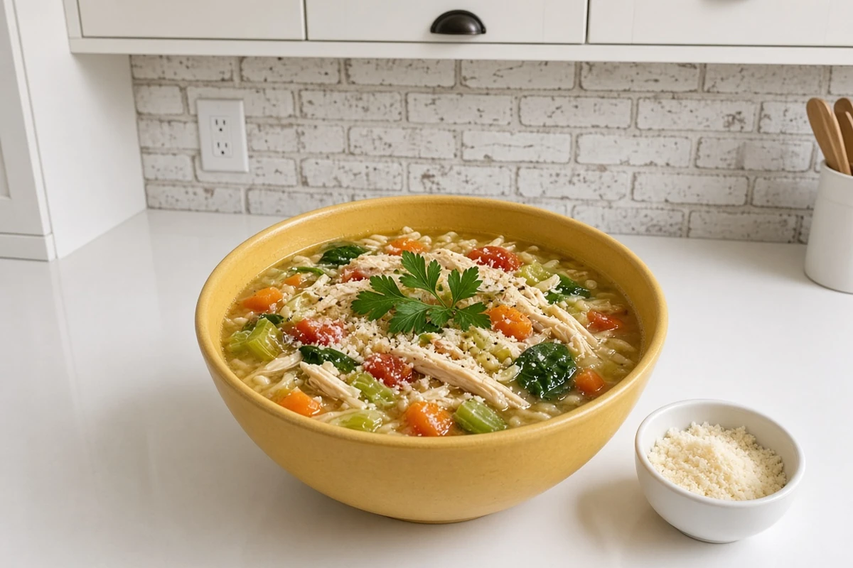 Yellow bowl of Italian chicken pasta soup with grated Parmesan in front of a whitewashed brick backsplash