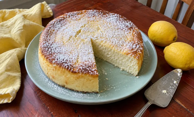 Italian ricotta cheesecake dusted with powdered sugar with one slice cut on a pale ceramic cake plate