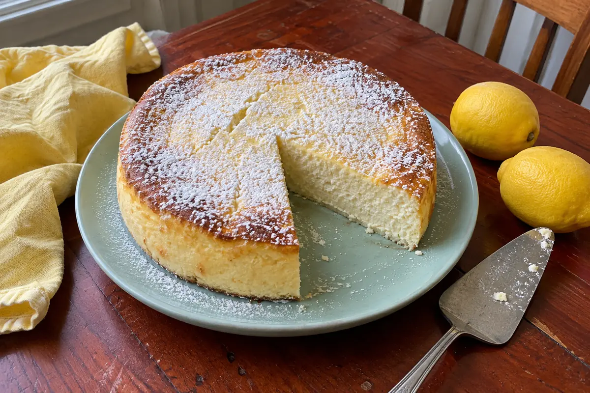 Italian ricotta cheesecake dusted with powdered sugar with one slice cut on a pale ceramic cake plate