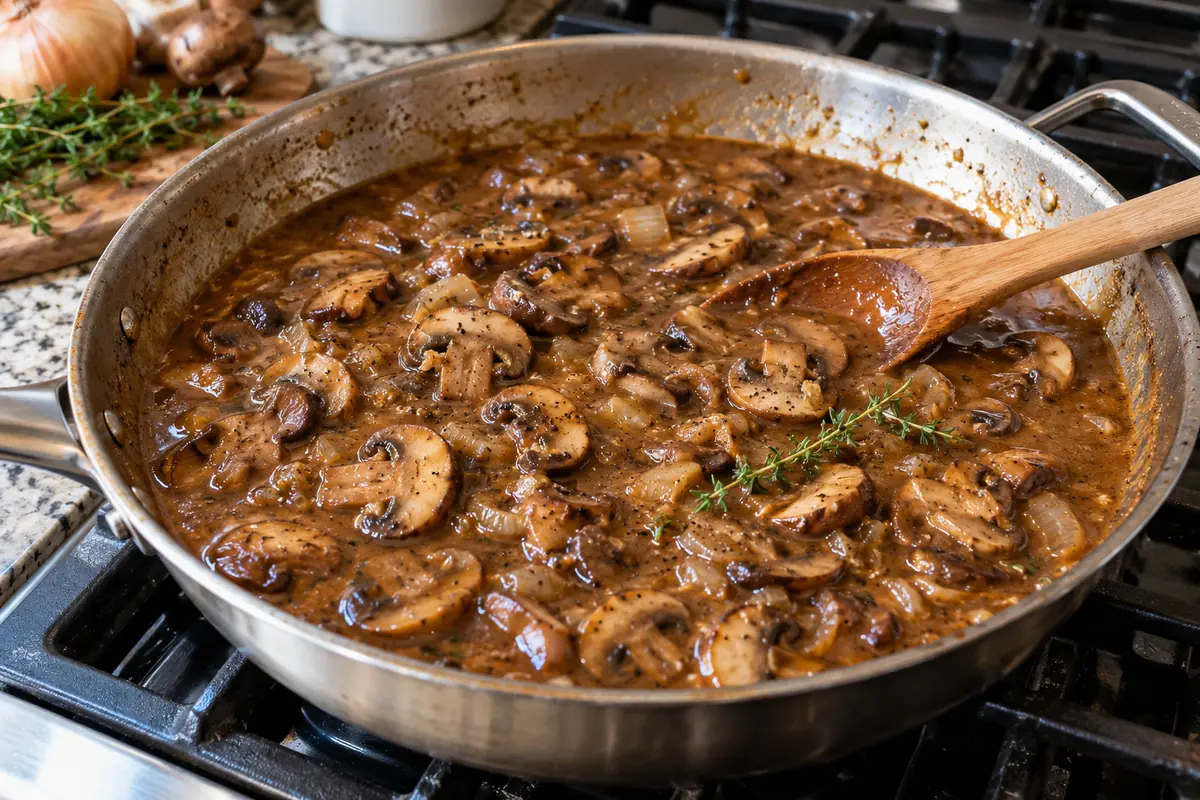 Dark mushroom gravy simmering in a skillet with sliced cremini mushrooms and onion