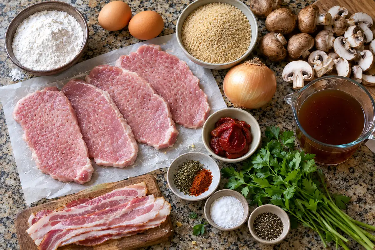Ingredients for Jägerschnitzel laid out from above: pork cutlets, eggs, breadcrumbs, mushrooms, onion, and herbs