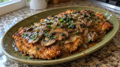 Breaded Jägerschnitzel topped with dark mushroom gravy and parsley on an oval olive-green platter