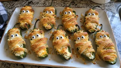 Platter of golden jalapeno popper mummies wrapped in dough strips with candy eyes on a kitchen counter