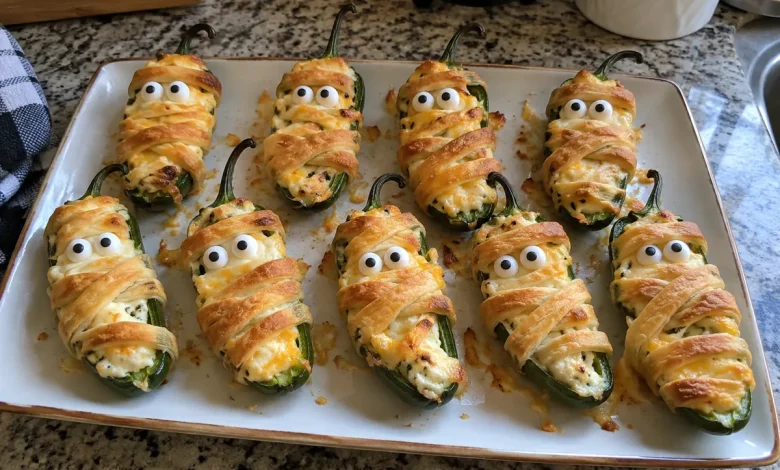 Platter of golden jalapeno popper mummies wrapped in dough strips with candy eyes on a kitchen counter
