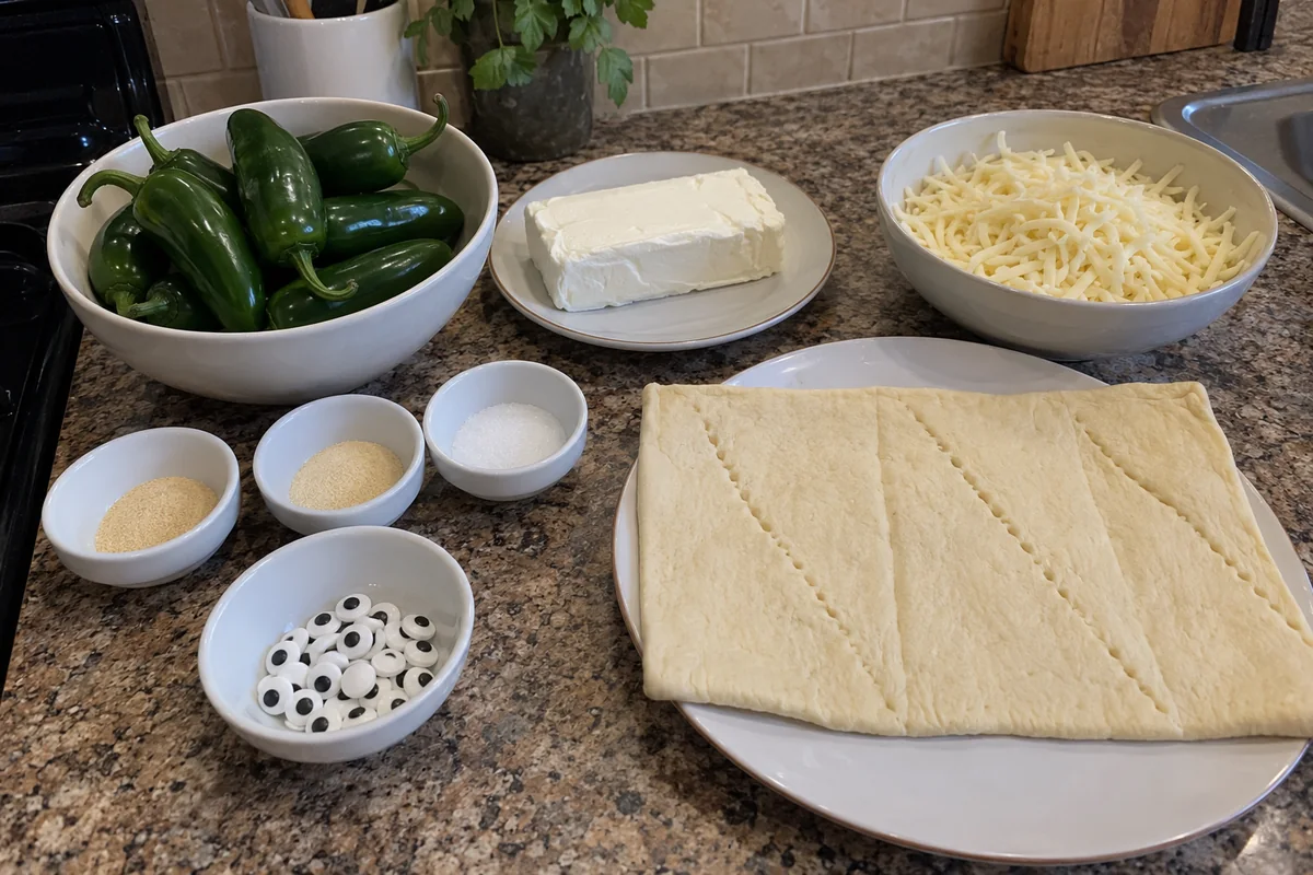 Ingredients for jalapeno popper mummies in plain bowls: jalapenos, cream cheese, shredded cheese, spices, dough and candy eyes