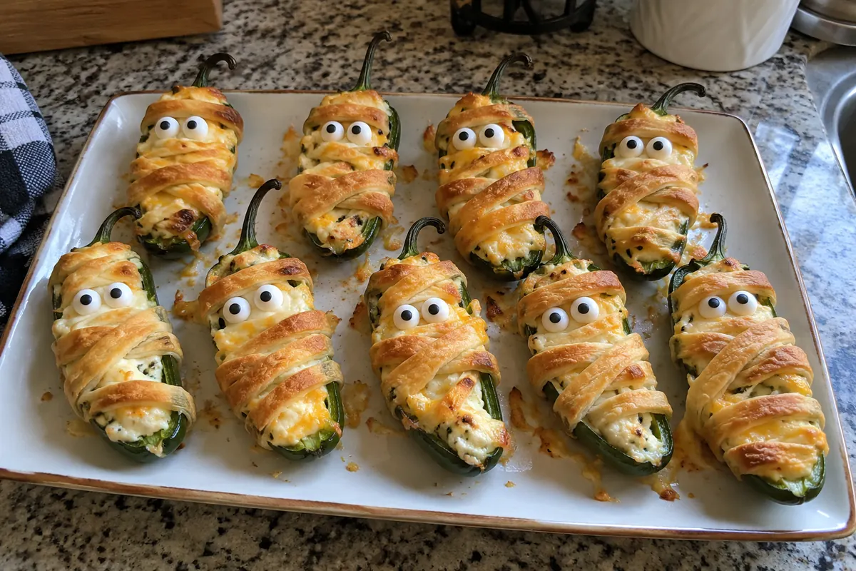 Platter of golden jalapeno popper mummies wrapped in dough strips with candy eyes on a kitchen counter
