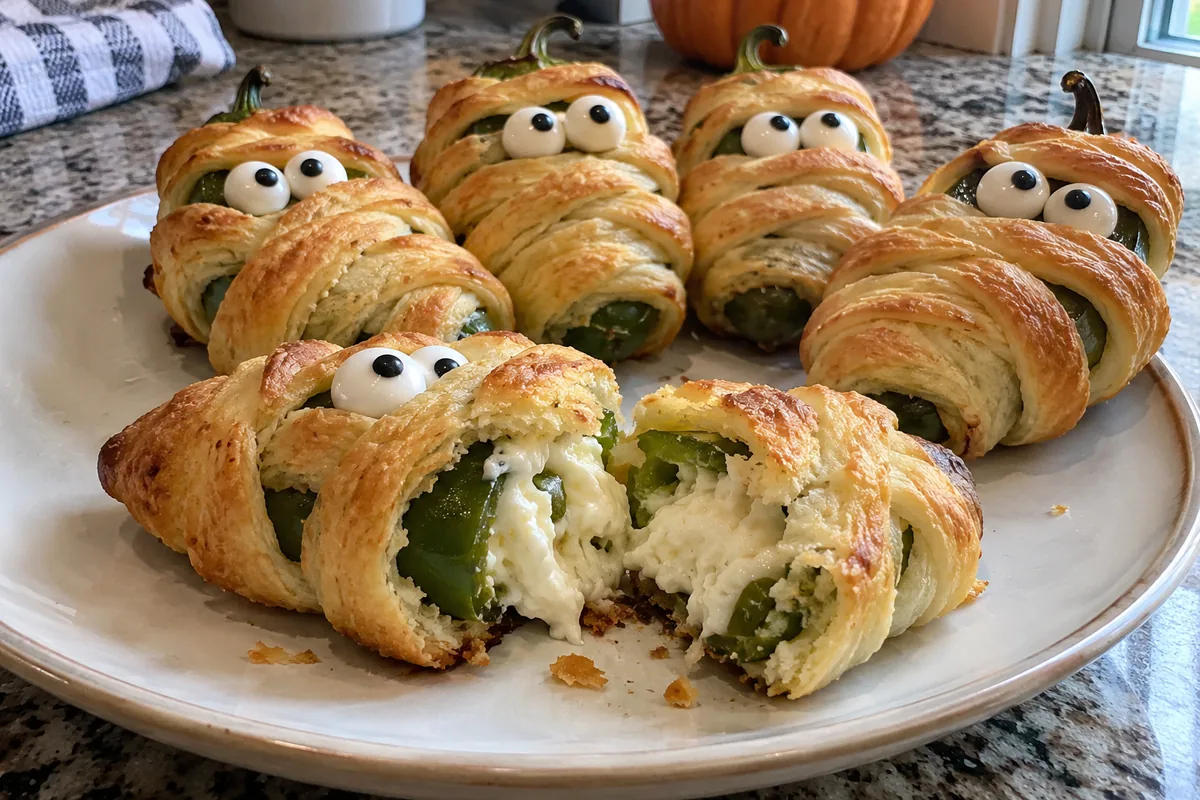 Jalapeno popper mummy broken open showing creamy cheese filling with more mummies behind