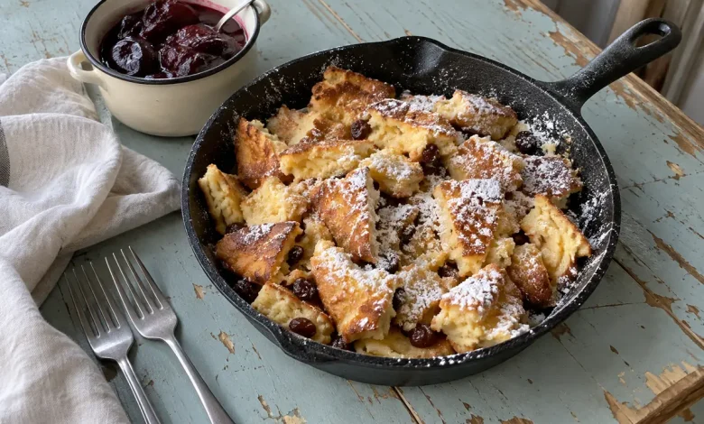 Fluffy Kaiserschmarrn torn into pieces and dusted with powdered sugar in a cast-iron skillet with plum compote