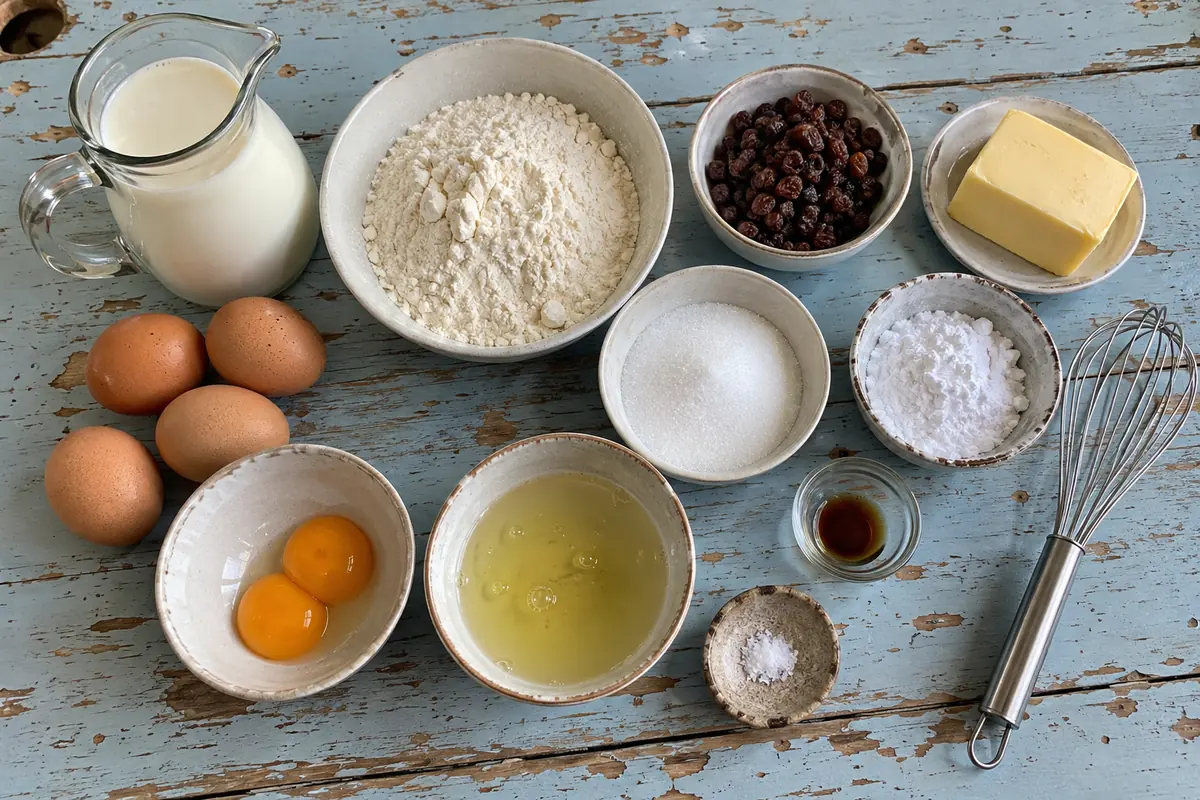 Ingredients for Kaiserschmarrn: eggs, milk, flour, sugar, vanilla, salt, raisins, butter and powdered sugar