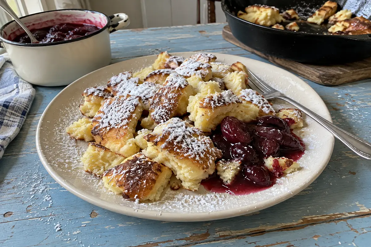 A plate of Kaiserschmarrn pieces with caramelized edges, powdered sugar and a spoonful of plum compote