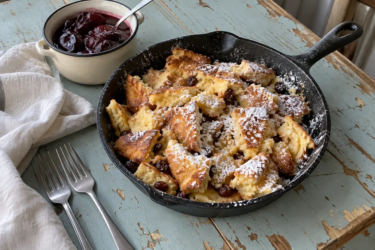 Fluffy Kaiserschmarrn torn into pieces and dusted with powdered sugar in a cast-iron skillet with plum compote