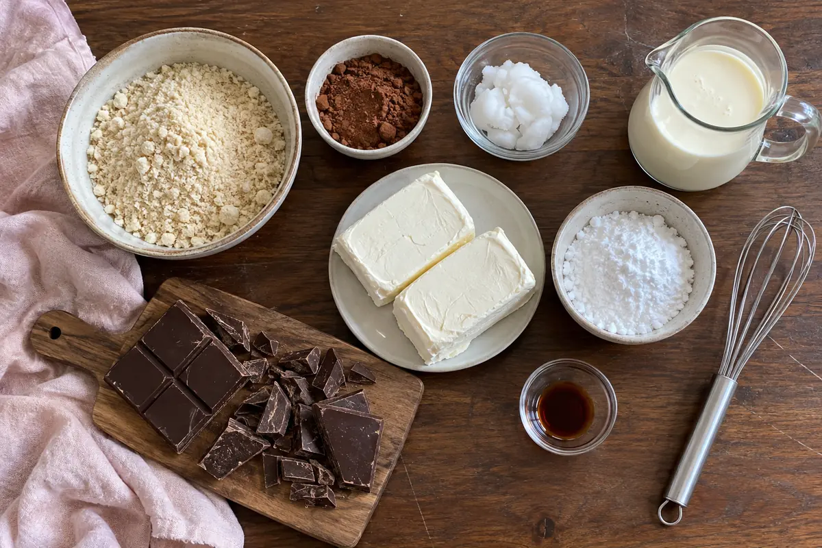 Ingredients for no-bake keto chocolate cheesecake: almond flour, cocoa, coconut oil, cream cheese, keto sweetener, heavy cream, vanilla and dark chocolate