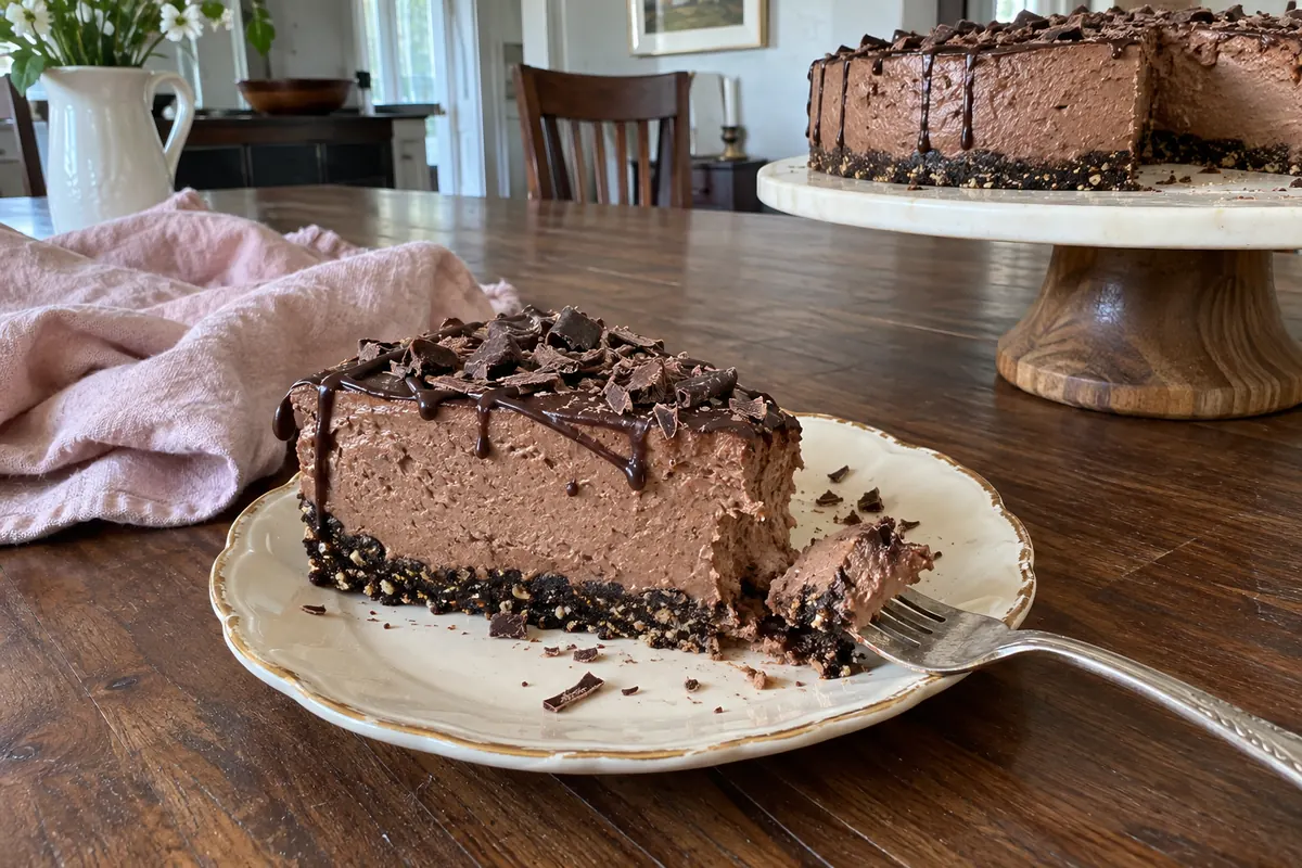 A slice of no-bake keto chocolate cheesecake showing the creamy chocolate filling and almond flour crust