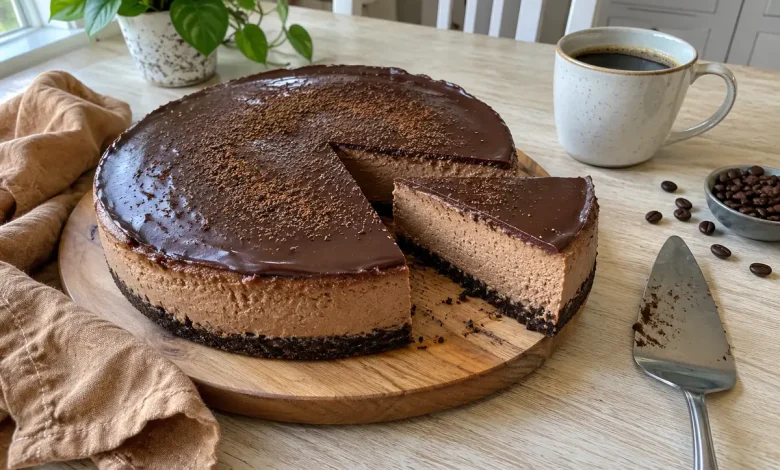 Keto mocha cheesecake with glossy dark chocolate ganache and one slice cut on a wooden board
