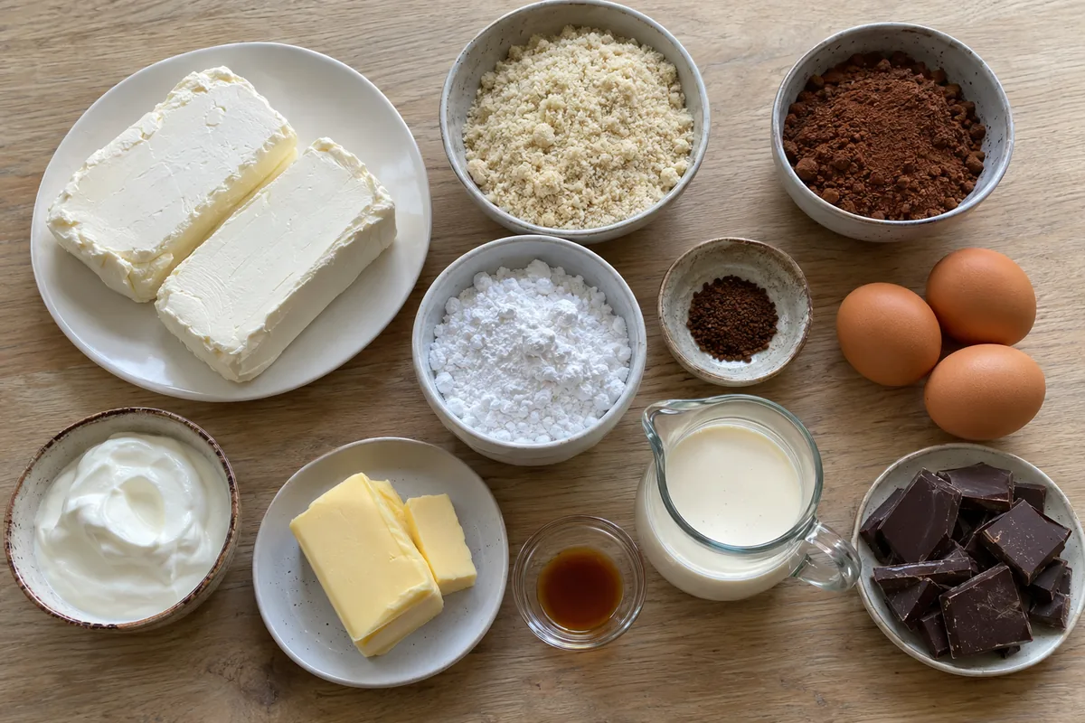 Ingredients for keto mocha cheesecake: cream cheese, almond flour, cocoa, espresso powder, eggs, sweetener and dark chocolate