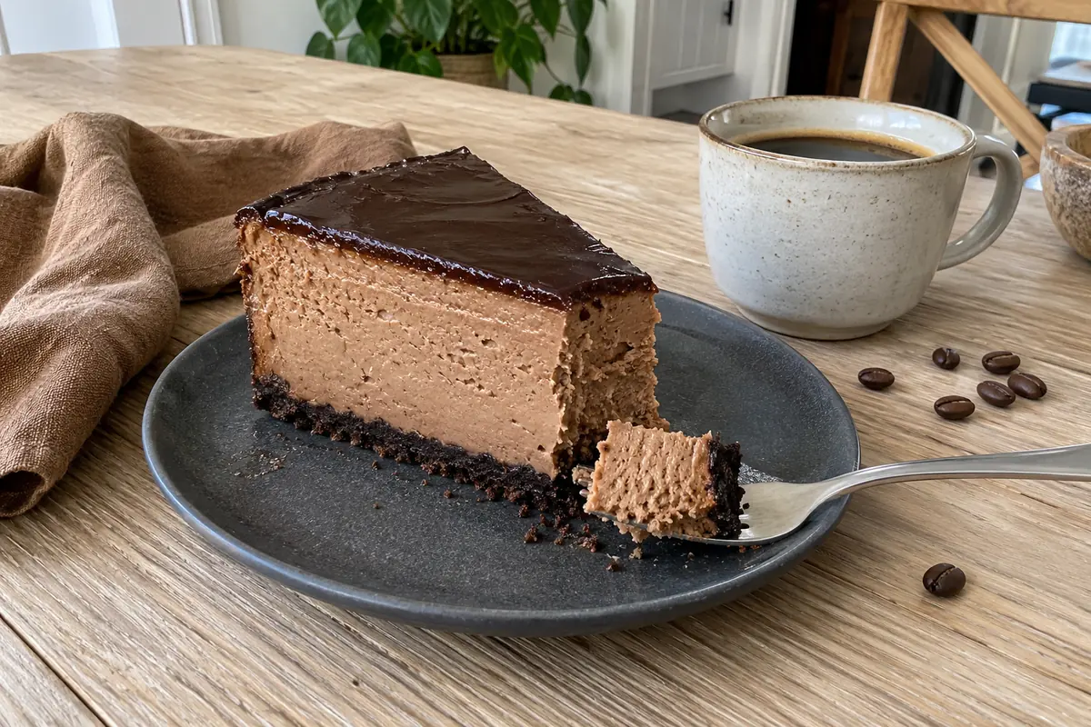 A slice of baked keto mocha cheesecake showing the creamy mocha filling and almond flour crust